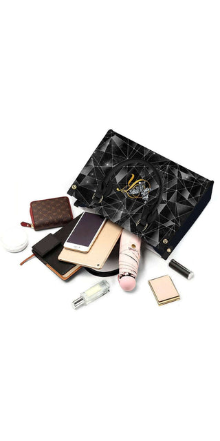 Stylish black geometric handbag with makeup essentials - K-AROLE