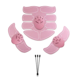 Compact USB rechargeable abdominal and hip muscle stimulator in a stylized pink design, with separate pad attachments for targeted toning.