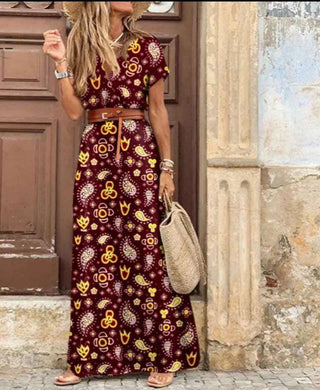 Bohemian Style Waist Trimming Printing Maxi Dress K-AROLE K-AROLE