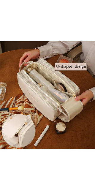 Stylish Cosmetic Bag with U-Shaped Design and Dual Zippers for Organized Storage of Makeup and Beauty Products