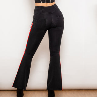 Sleek black denim flare jeans with red side stripes, showcasing a stylish and modern design.