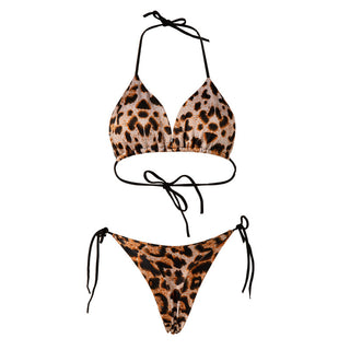 Vibrant leopard print bikini with halter neck and tie-side bottoms, showcasing a stylish and eye-catching beachwear design.