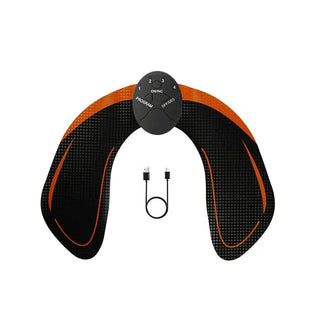 Black and orange USB rechargeable abdominal and hip trainer with adjustable controls, focused on core and lower body muscle stimulation.