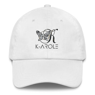 White baseball cap with K-AROLE logo and butterfly graphic