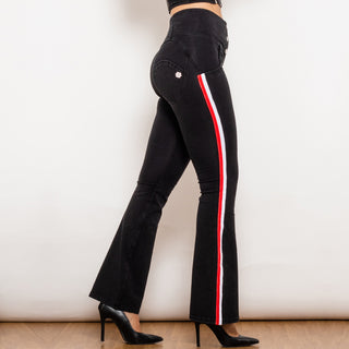 High-waist black flared jeggings with red and white striped side panels, perfect for a stylish and trendy look.