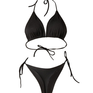 Black halter-style women's bikini with string tie details