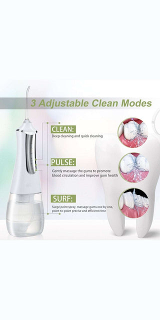 Portable Dental Water Flosser with 3 Cleaning Modes: Clean, Pulse, and Surf for thorough oral hygiene on the go.