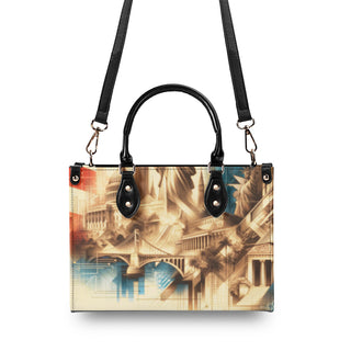 Sleek Liberty Skyline tote with bold cityscape print, designed for the stylish K-AROLE woman on-the-go. This versatile handbag features a structured silhouette and adjustable straps for comfortable carry.