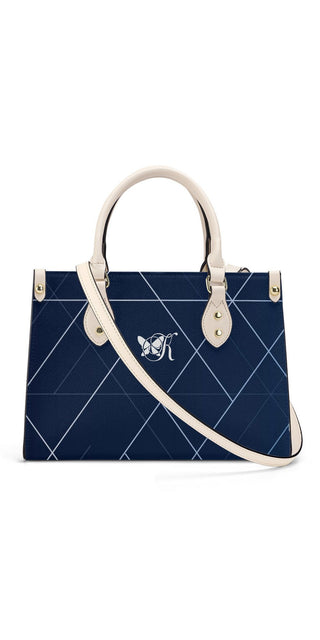 Elegant navy blue designer tote bag with white straps from K-AROLE