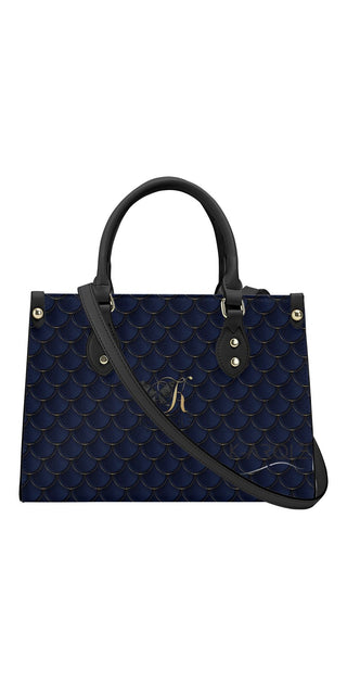 Elegant Leather Tote Bag by K-AROLE. Stylish navy blue tote bag with scalloped pattern, gold-tone hardware, and removable shoulder strap for versatile wear.