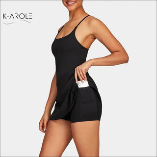 Stylish woman's black pocketed tennis, yoga, and running dress from K-AROLE fashion brand