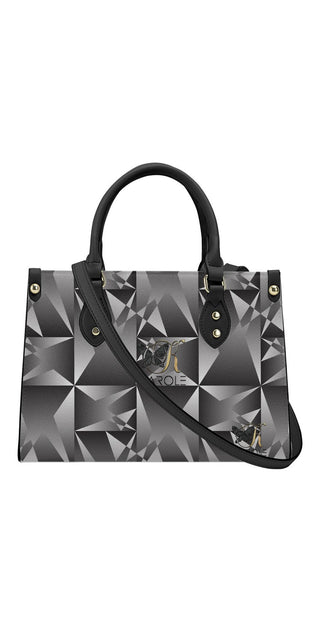 Stylish K-AROLE™️ geometric print tote bag, sleek black and gray pattern, spacious designer handbag, premium quality accessory.