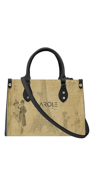 Elegant K-AROLE™ Designer Tote Bag with Metallic Accents - Chic canvas tote with stylish pattern and sleek leather accents, perfect for modern women's fashion.