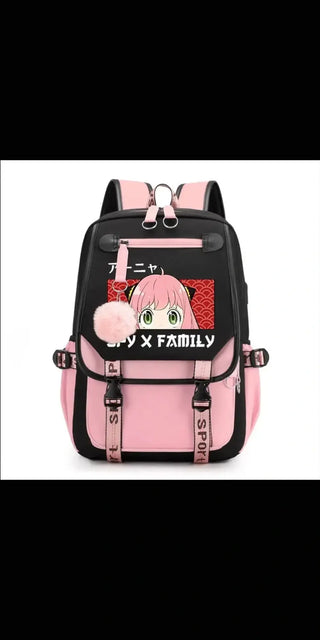 Stylish pink and black backpack with adorable panda charm, perfect for students or casual use. Featuring multiple pockets and compartments for organization and storage.