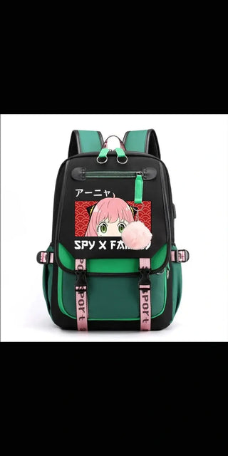 Stylish anime-inspired backpack with vibrant green and pink details, featuring a manga character design. Functional storage compartments make it a practical student's companion.