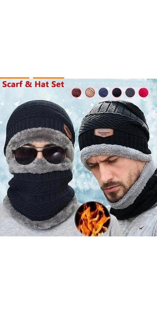 Cozy winter accessories: stylish knit hat and scarf set, available in multiple colors, provides warmth and comfort for cold weather.