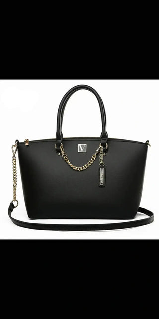 Stylish black leather handbag with gold hardware and chain strap from K-AROLE designer brand