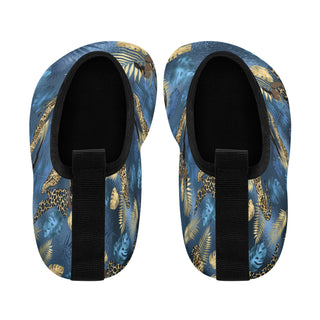 Vibrant tropical leaf and leopard print water sports shoes. Flexible slip-on design with black soles for traction on wet surfaces.