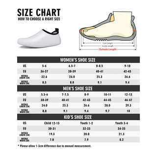 Men's water sports skin shoes featuring a size chart showing measurements for women's, men's, and kids' shoe sizes. The image highlights the product's customizable fit and comfortable design for various water activities.