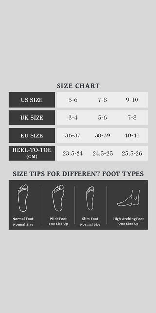 Cozy fluffy women's slippers with size chart and foot type guide