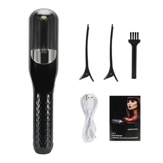 Professional Hair Split Ends Trimmer for Women, a sleek black device with attachments, cable, and instructions, displayed on a white background.
