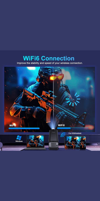 Futuristic home entertainment setup with WiFi 6 connectivity and a 180° rotatable projector displaying gaming content