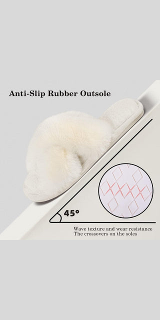 Plush white furry slippers with anti-slip rubber outsole for indoor and outdoor wear