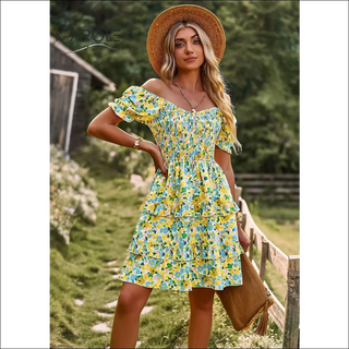 Floral Ruffle Summer Dress Short Sleeve Off Shoulder Mini Dress Beach K-AROLE