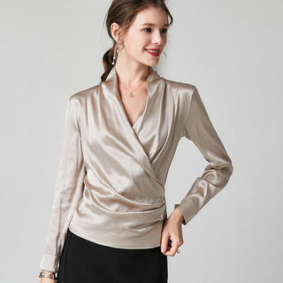 Blusa de seda elegante para mujer 100% seda morera manga larga cuello en V