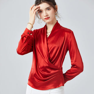 Blusa feminina elegante de seda 100% seda amoreira manga comprida com decote em V
