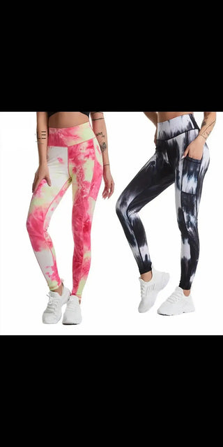 Stylish yoga pants in vibrant tie-dye patterns, featuring pockets for functional athletic wear.